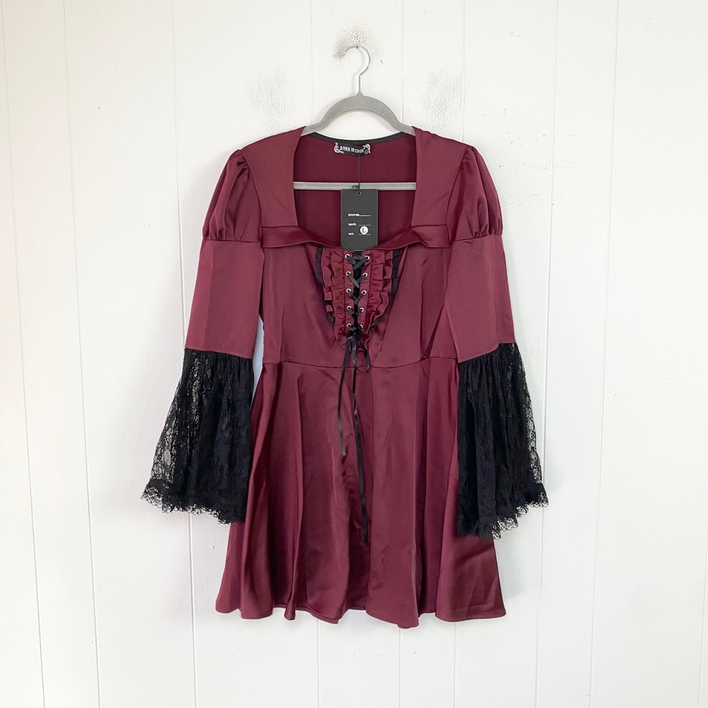 Dark In Love Burgundy Gothic Lace Up Bell Sleeve Mini Dress Womens L Runs Small*